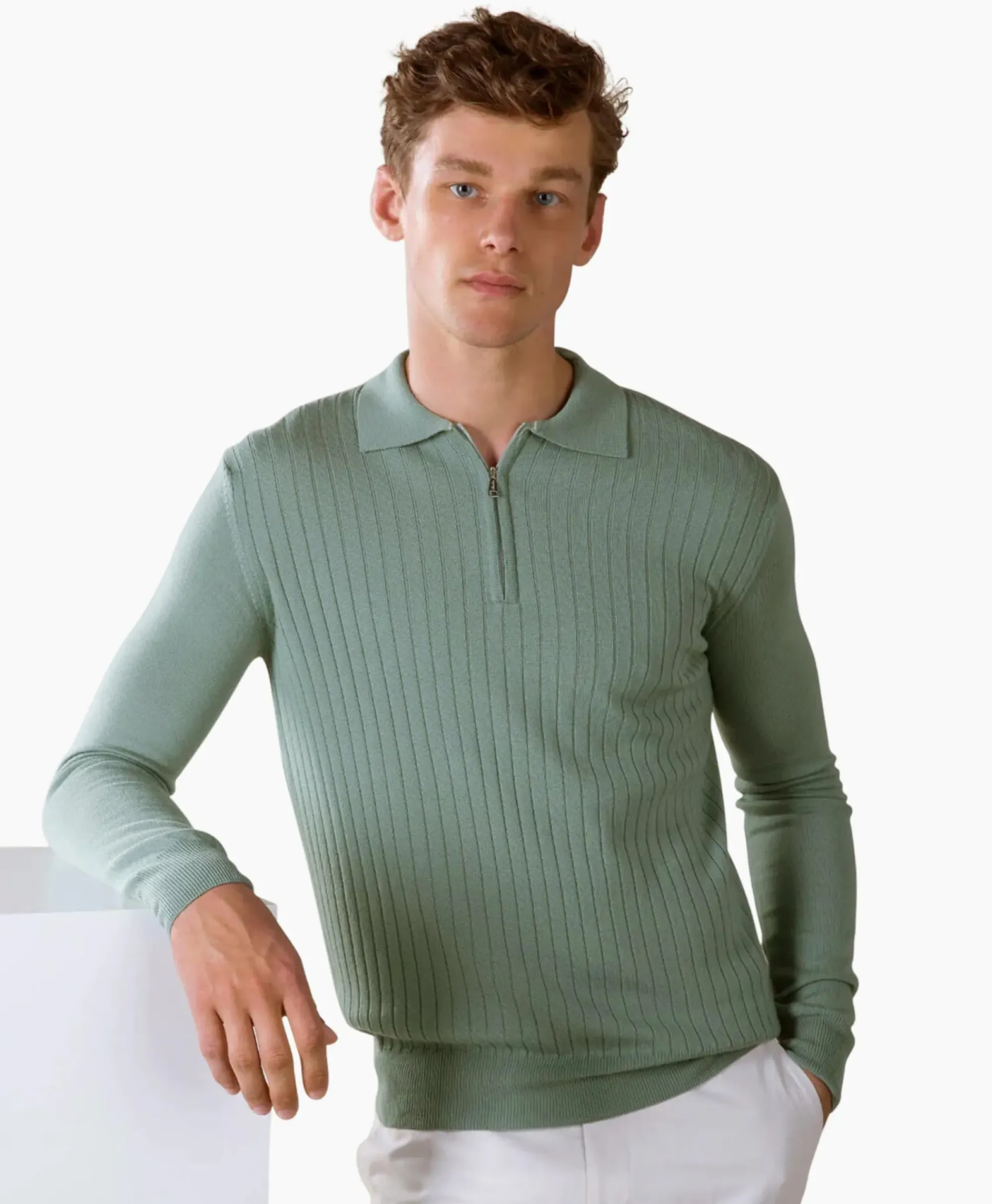 Truien^Aurelien Pullover Rib Zip Polos Ls Licht Groen