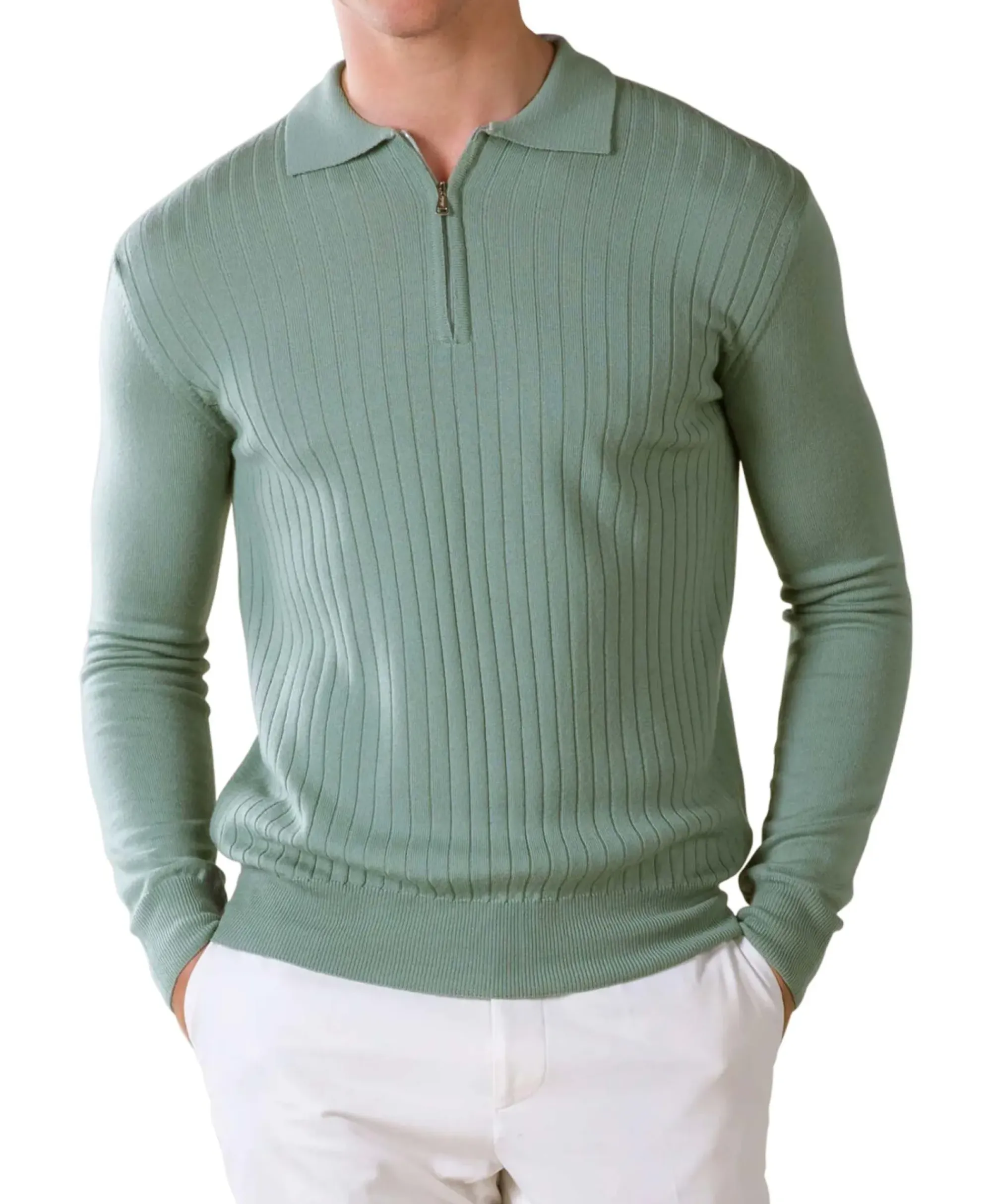 Truien^Aurelien Pullover Rib Zip Polos Ls Licht Groen