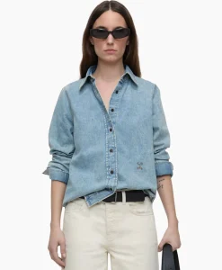 Blouses^Closed Blouse Fitted Midden Blauw