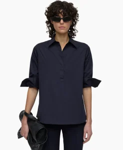 Blouses^Closed Blouse Open Neck Tunic Donker Blauw