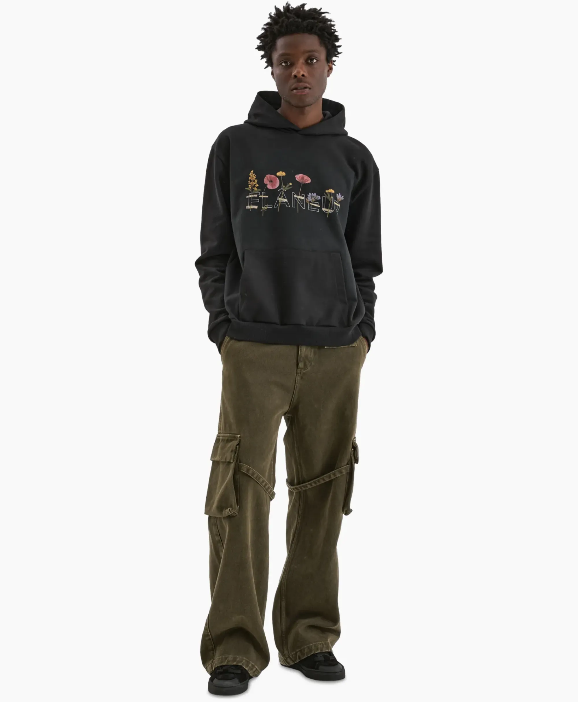 Truien^Flâneur Flaneur Hoodie Botanical Zwart