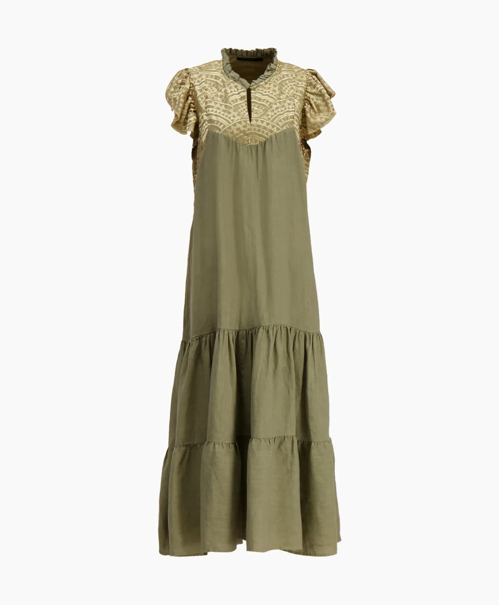 Jurken^Greek Archaic Kori Maxi Jurk Long New All Over Sleeveless Ruffles Goud