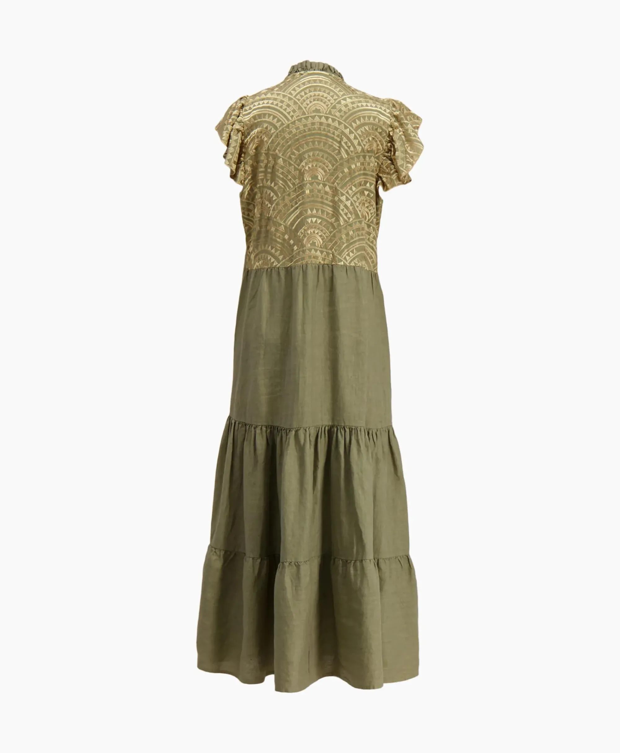 Jurken^Greek Archaic Kori Maxi Jurk Long New All Over Sleeveless Ruffles Goud