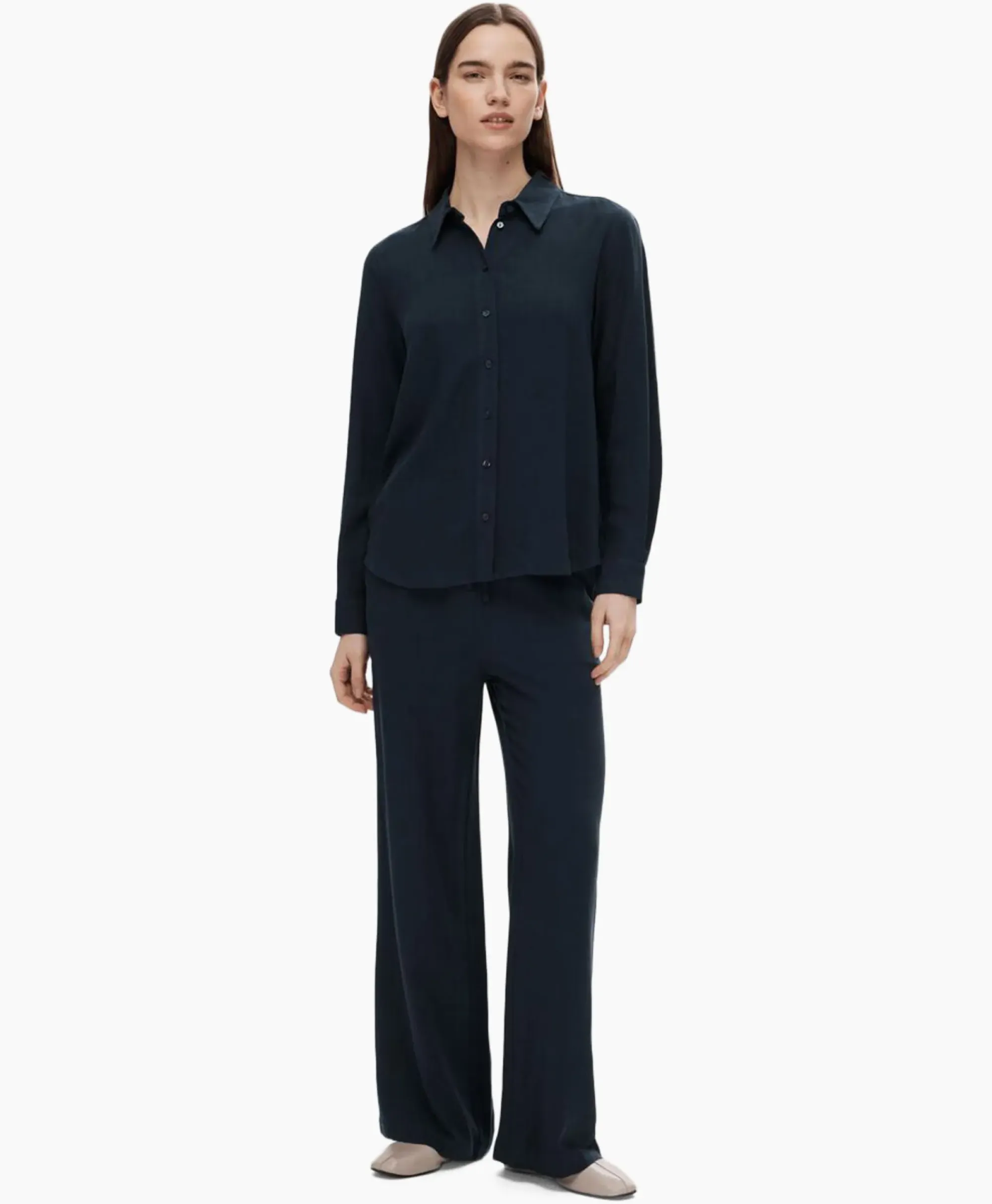 Broeken^Selected Femme Broek Viva-Gulia Mw Long Linen Pant No Donker Blauw