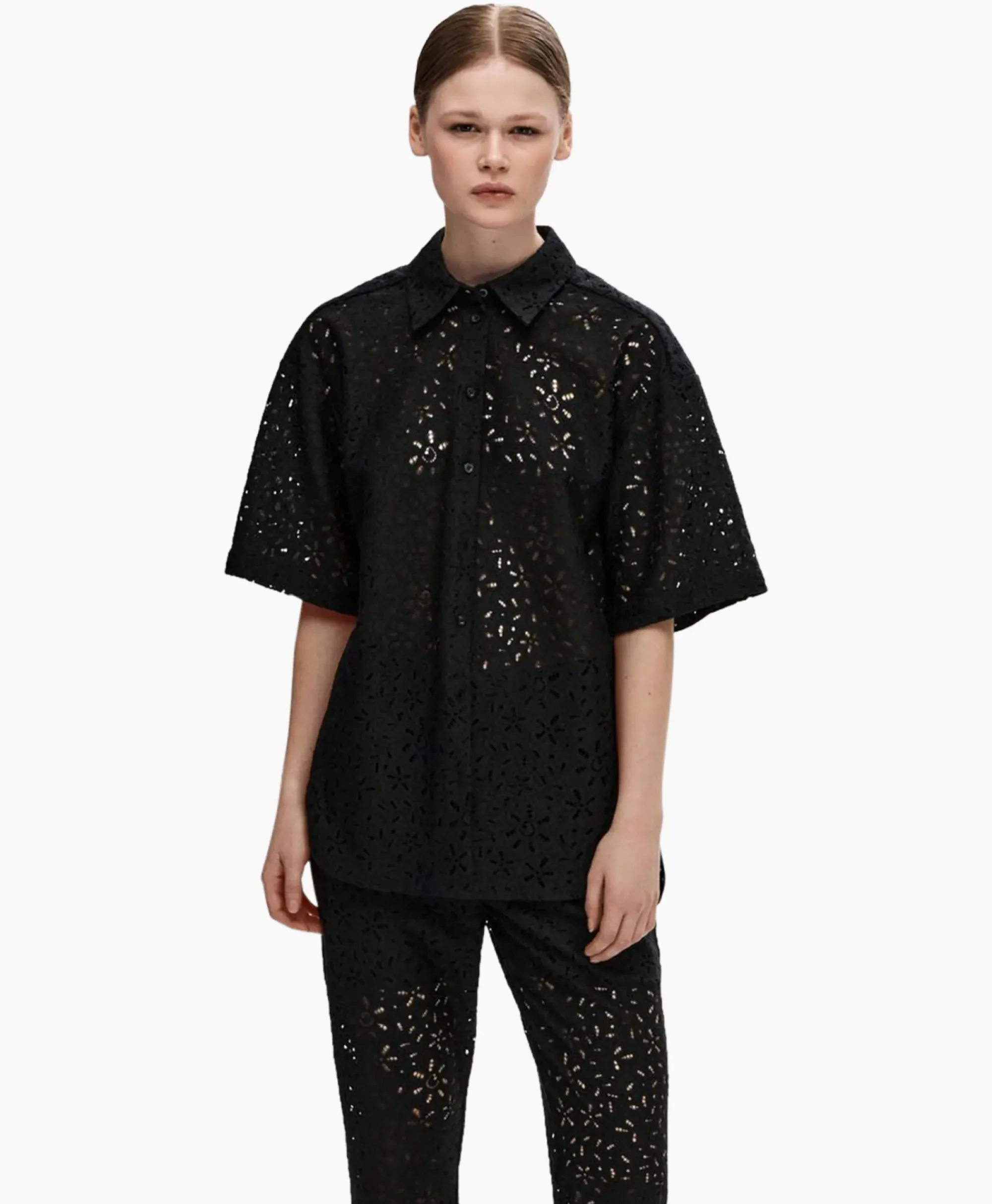 T-Shirts & Tops^Selected Femme T-Shirt Karola 2/4 Oversize Lace Shirt B Zwart