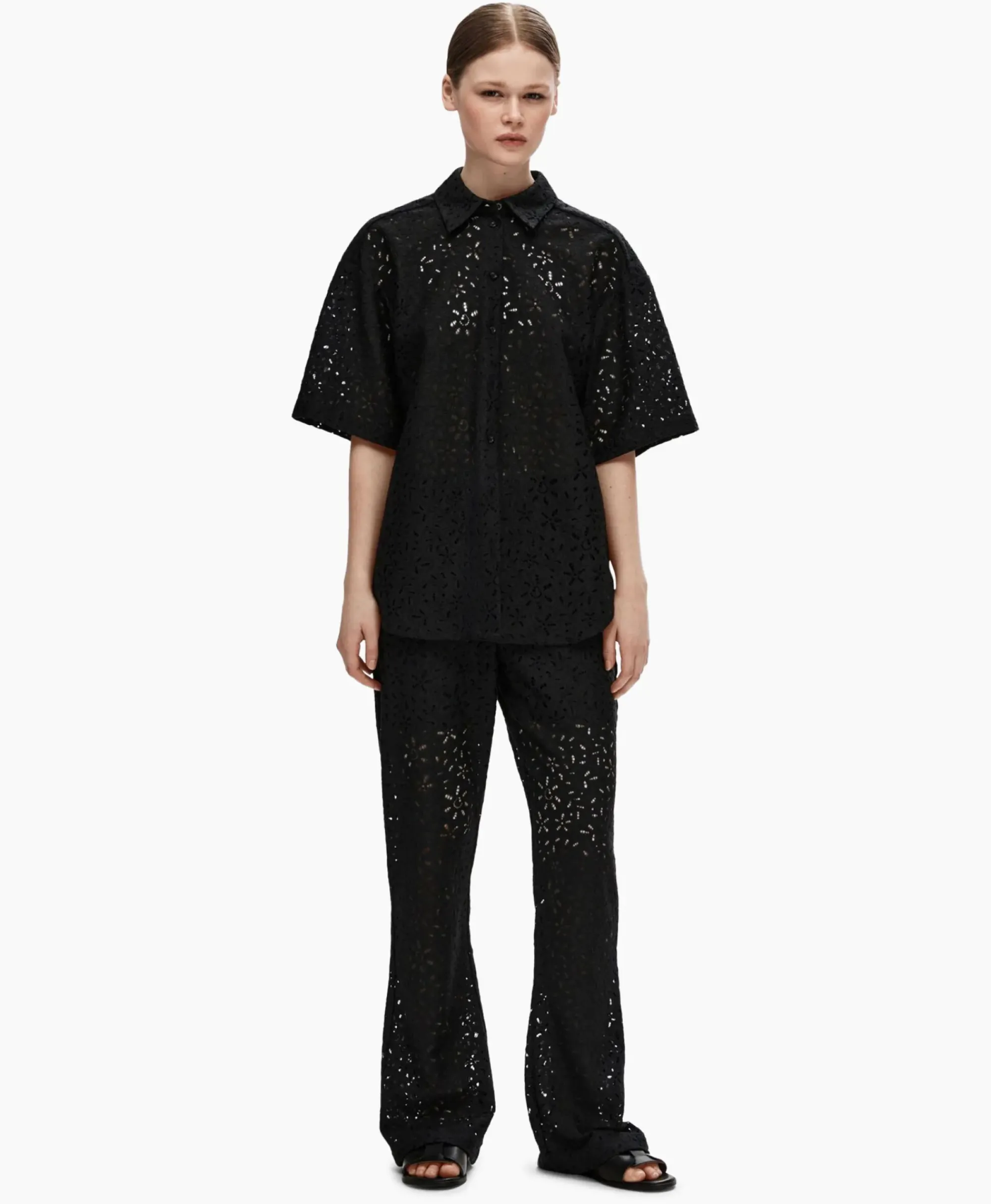 T-Shirts & Tops^Selected Femme T-Shirt Karola 2/4 Oversize Lace Shirt B Zwart